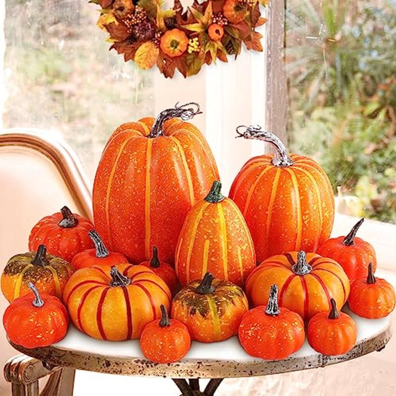 Pumpkin Fall Decorations, Decorative Large Small Outdoor Orange Foam Plastic Fake Faux Artificial Pumpkins for Halloween Autumn Harvest Festival Home Table Decor 16pcs